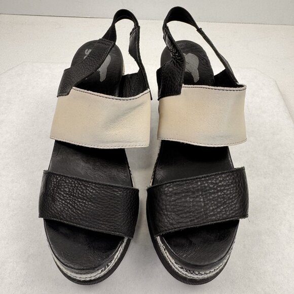 Sorel Womens 7.5 Wedge Sandals Black Beige Strappy Joanie II Slingback Chevron - Picture 2 of 13